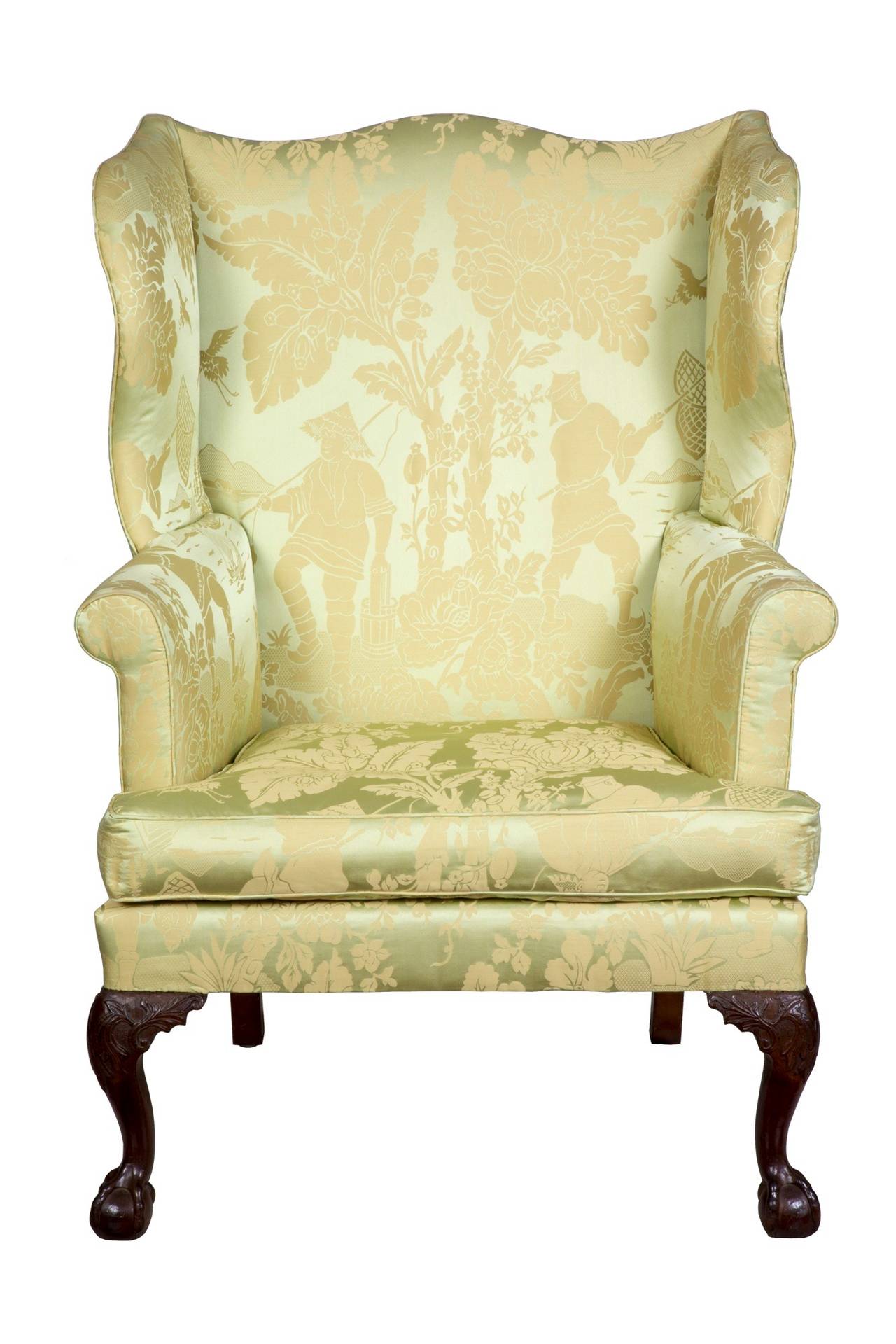 Chippendale Wing Chair on Carved Legs with Claw and Ball Feet at