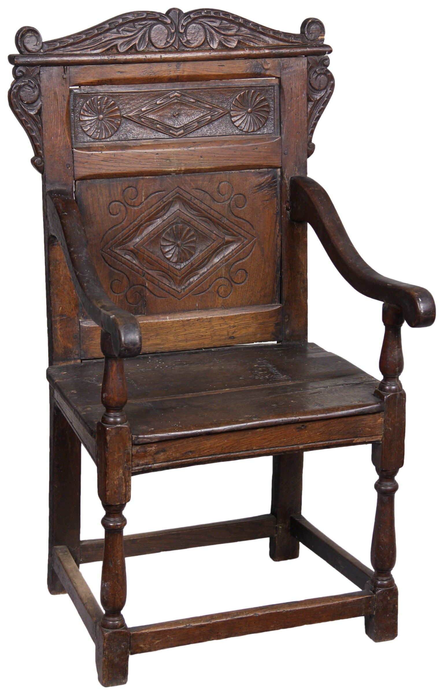 Carved Walnut William & Mary Wainscott or Panel Back Great Chair