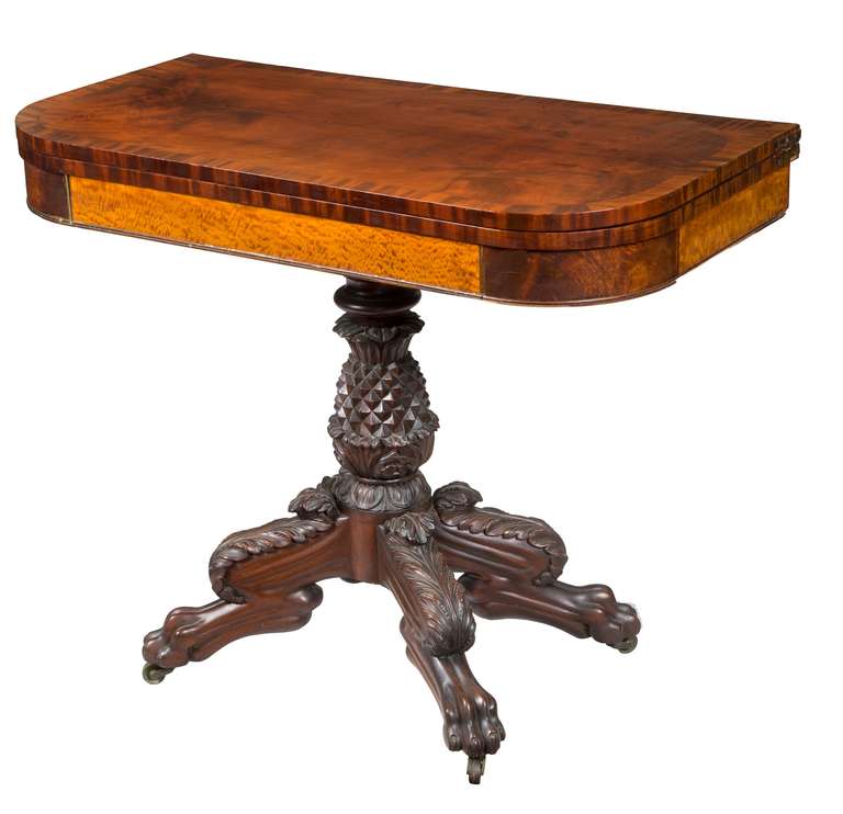 American Classical Classical Mahogany and Satinwood Pineapple Card Table, circa 1820 For Sale