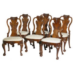 Antique Set of Six Carved Walnut Queen Anne Side Chairs, England