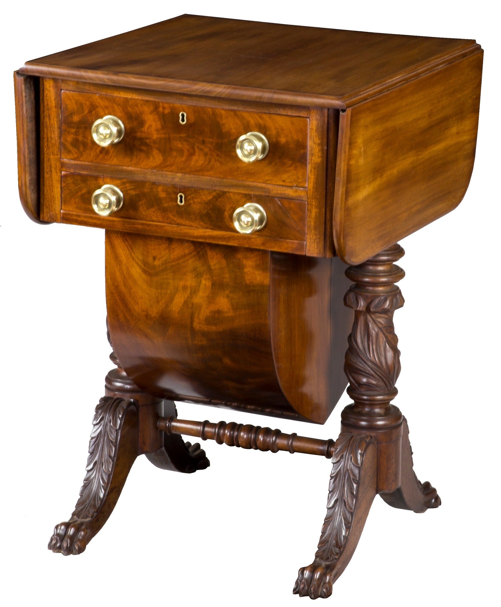 Classical Carved Mahogany Sewing Stand with Acanthus Carved Legs, circa 1820 For Sale