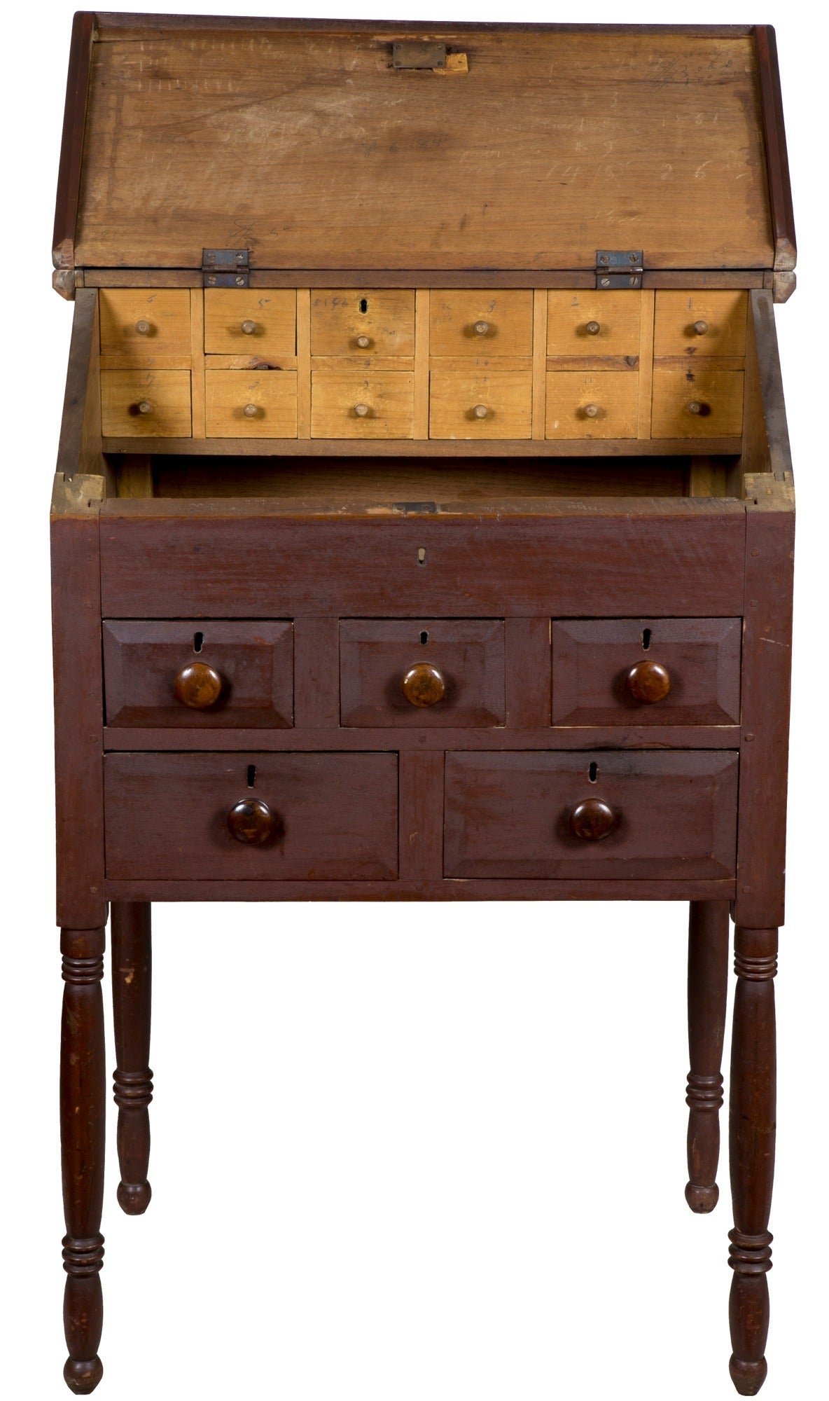 19th Century Red Painted Walnut Slant Lid Standing Desk, Probably Pennsylvania, circa 1840 For Sale