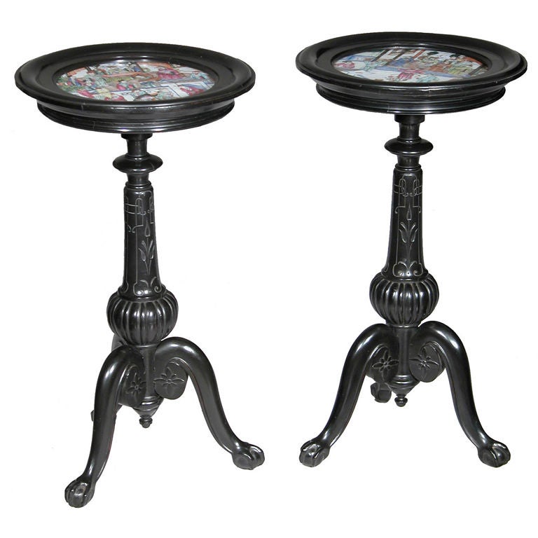 Aesthetic Ebonized Cherry Stands, Rose Medallion Insets, NY For Sale