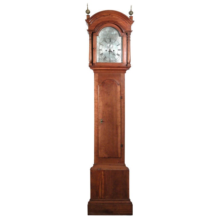 Cherry Queen Anne Tall Case Clock with Silver Dial, RI For Sale