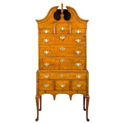 Tiger Maple Queen Anne High Chest with Bonnet Top, Massachusetts