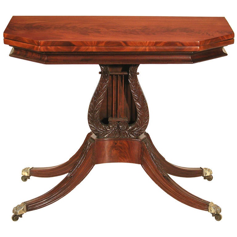 Carved Mahogany Lyre Card Table, circa 1810, Haines/Connelly School