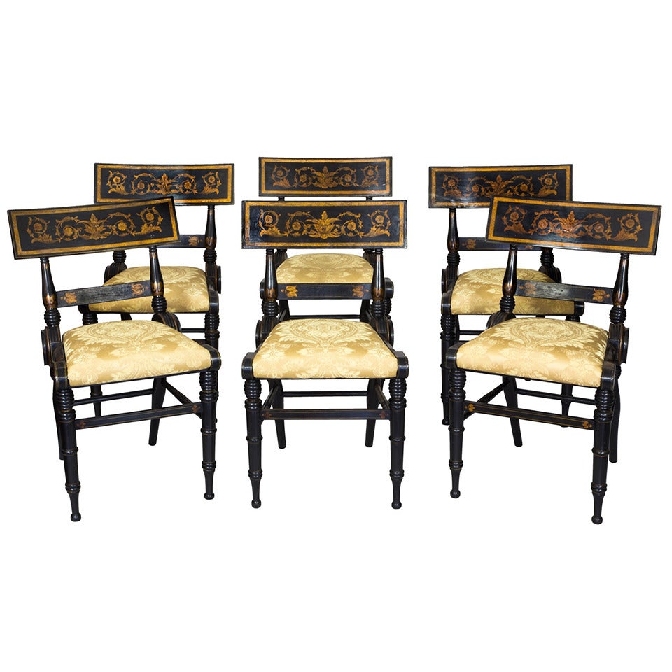 Set of Six Ebonized and Gilt Baltimore Painted Chairs, circa 1825 For Sale