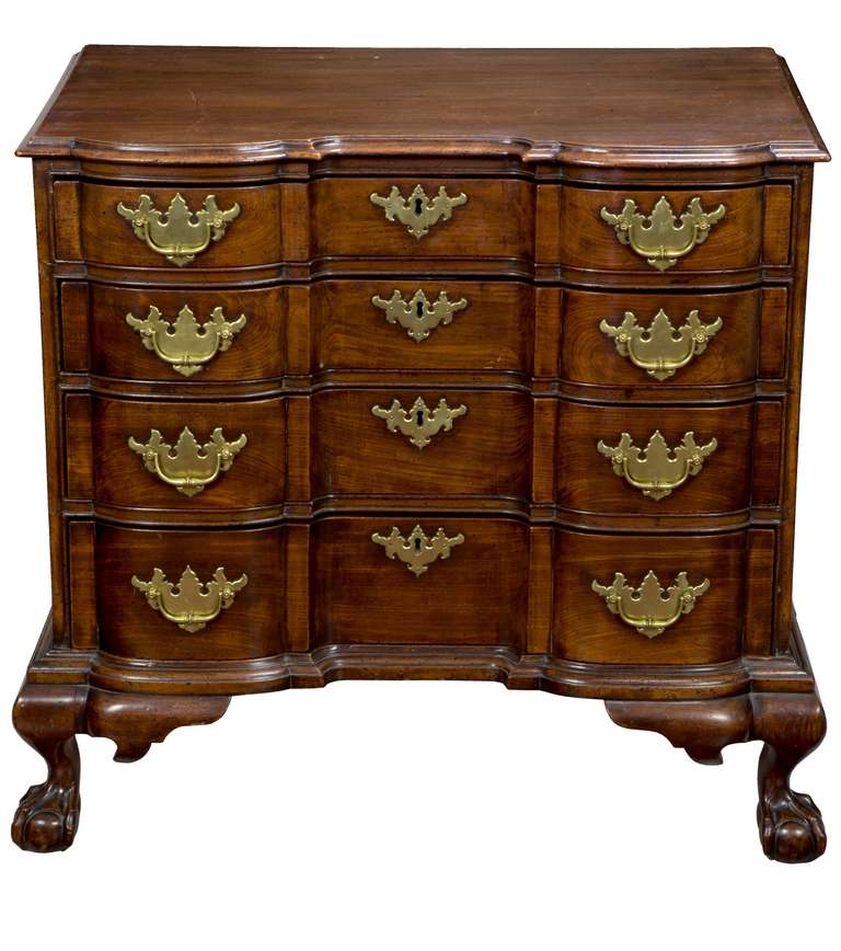 This chest is of very desirable size, 32 inches wide, and has the best of the block front forms with arched flanking blocks. From every standpoint, except being of the 18th century, this example is a standout. The form is exactly right, the surface