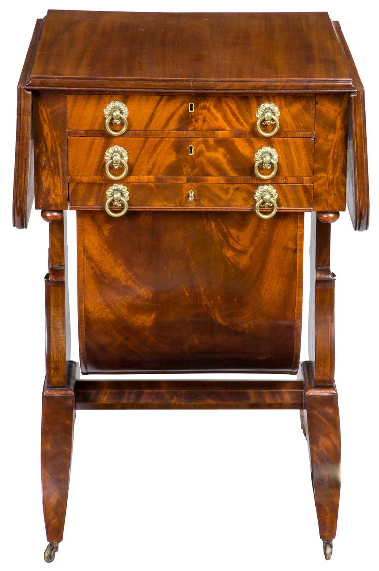 American Classical Mahogany Work Table with Carved Lyre Supports, Boston, circa 1820