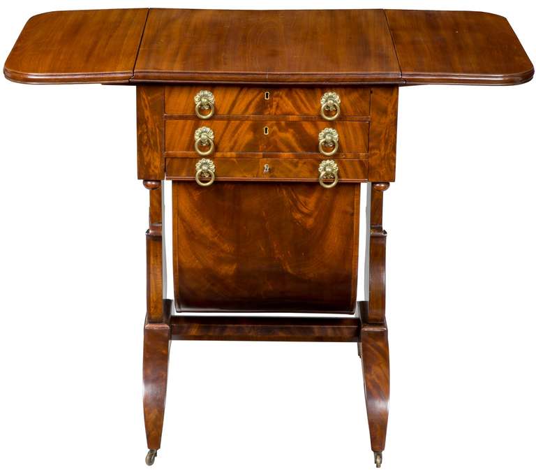 Classical Mahogany Work Table with Carved Lyre Supports, Boston, circa 1820 In Excellent Condition In Providence, RI