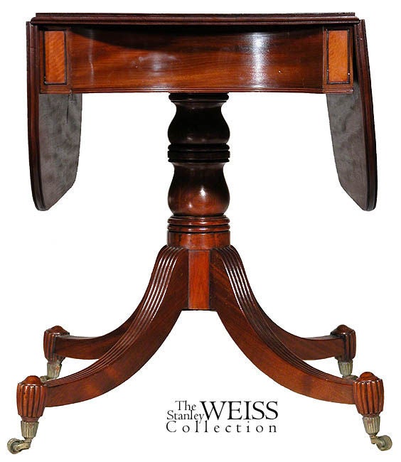 This is the highest development of the classical drop-leaf tables. It is one of a school of these tables with convex drawers that are attributed probably to Seymour, Boston.

We would also like to note that there is an example of a worktable with