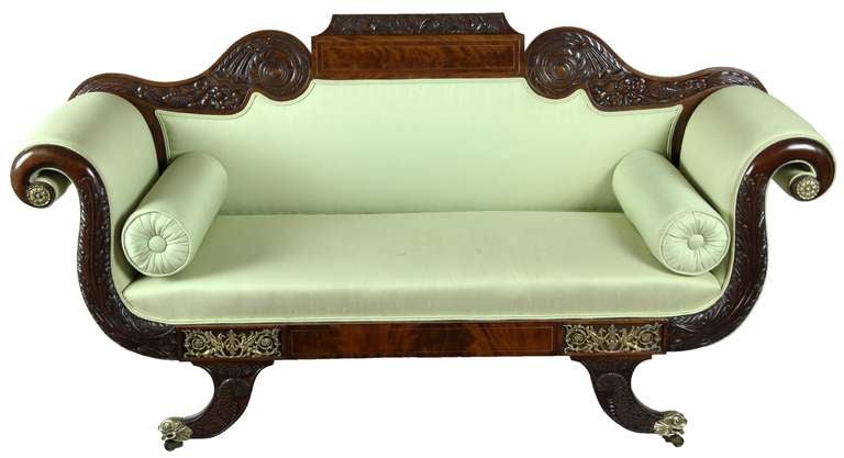 Classical Mahogany Settee, Brass Inlay, Dolphin Feet, Philadelphia, 1825