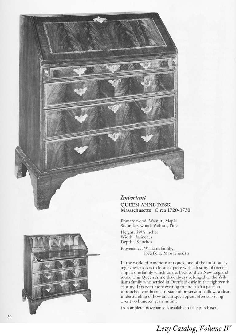 Queen Anne Desk, Burled Walnut Veneer, Original Brasses, American, circa 1740 For Sale 3