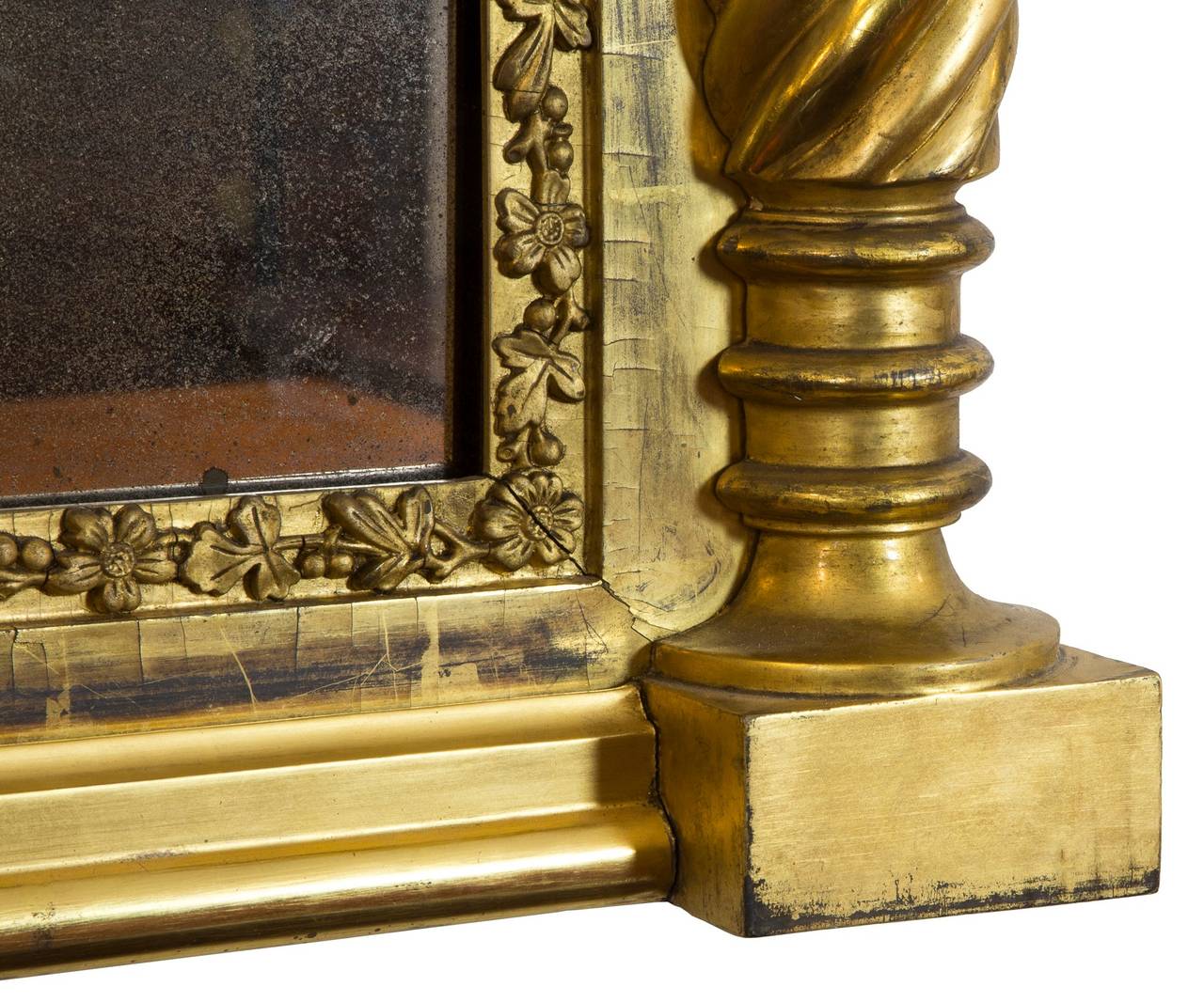 This mirror retains its original gilt surface and is in untouched condition, yet still brilliant (see close-ups). Also, note the inner frame of leafage carving, which adds depth and quality. It also retains its original glass, which has aged