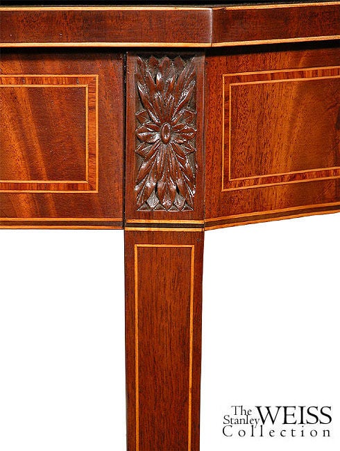Carved Hepplewhite Figured Mahogany Inlaid, Six-Legged Card Table For Sale