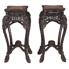 Pair of Ebonized Hardwood Chinese Export Stands with Marble Insets