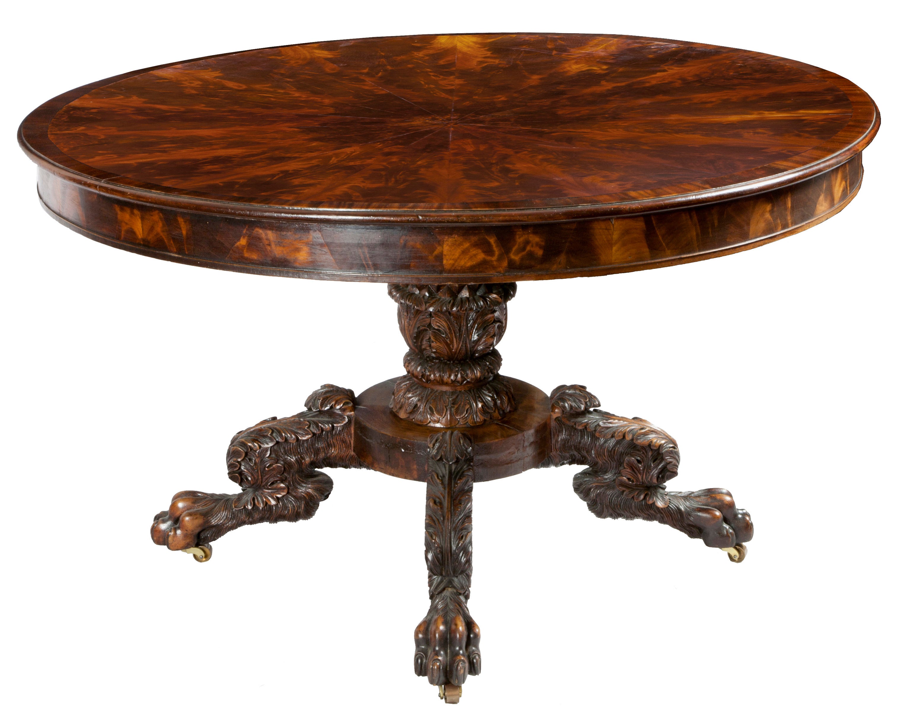 Mahogany Neoclassical Center Table, Pineapple Base and Segmented Top, NY