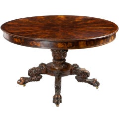 Mahogany Neoclassical Center Table, Pineapple Base and Segmented Top, NY