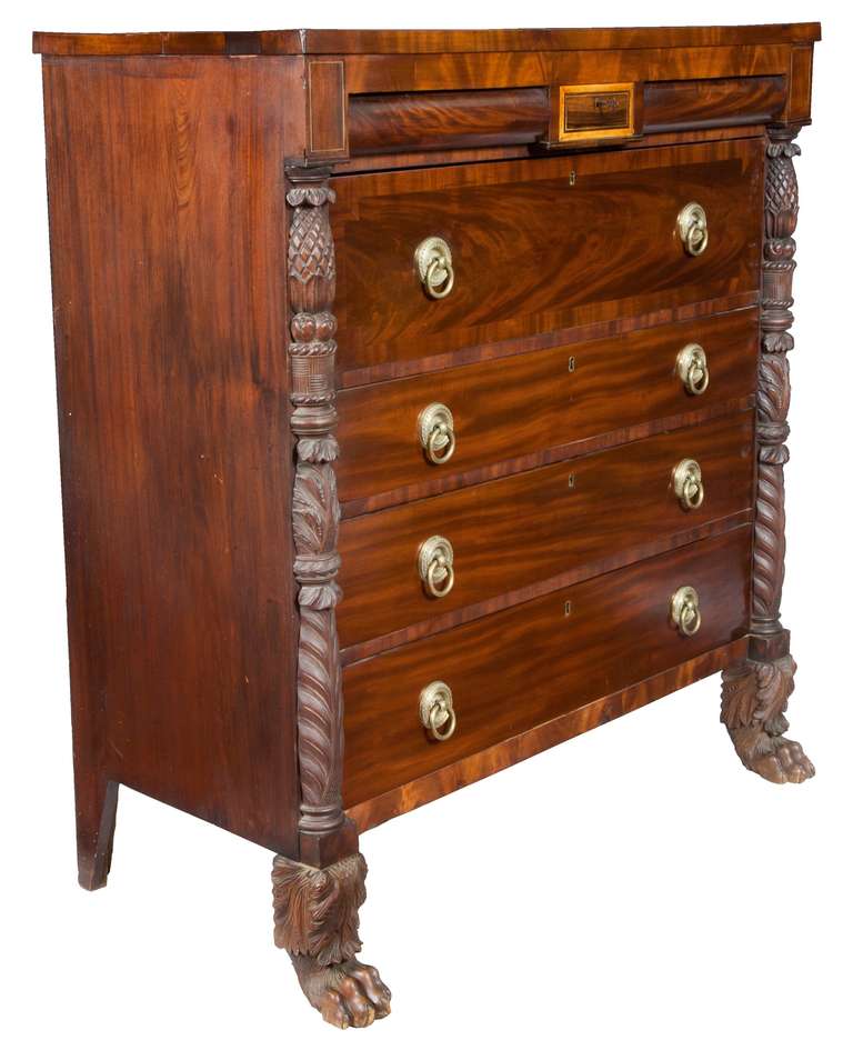 Classical Mahogany Bureau with Brass Inlay, Labeled Carter, New York, circa 1830