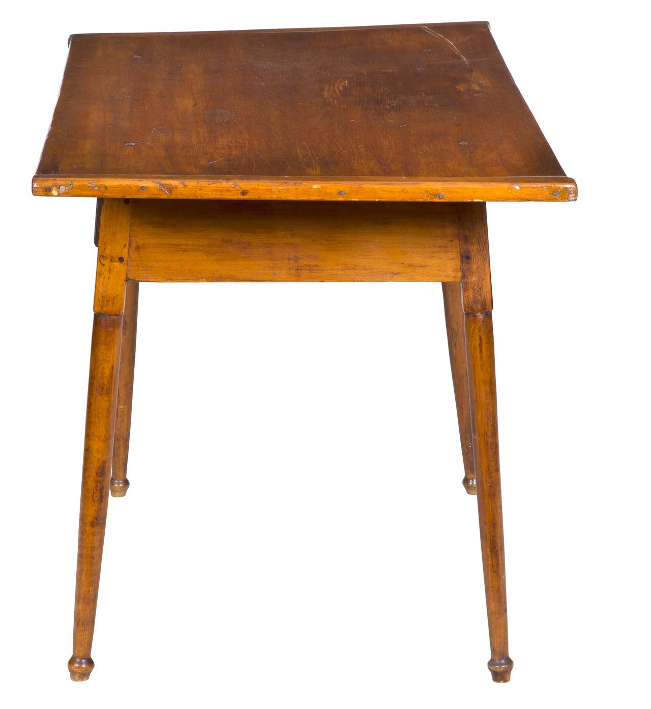 Rustic Maple Tavern Table Overhanging Rectangular Breadboard Top and Drawer, circa 1780 For Sale