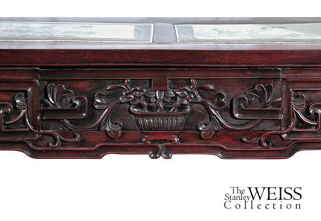 Chinese Export Carved Rosewood Desk with Two Famille Rose Porcelain Inserts