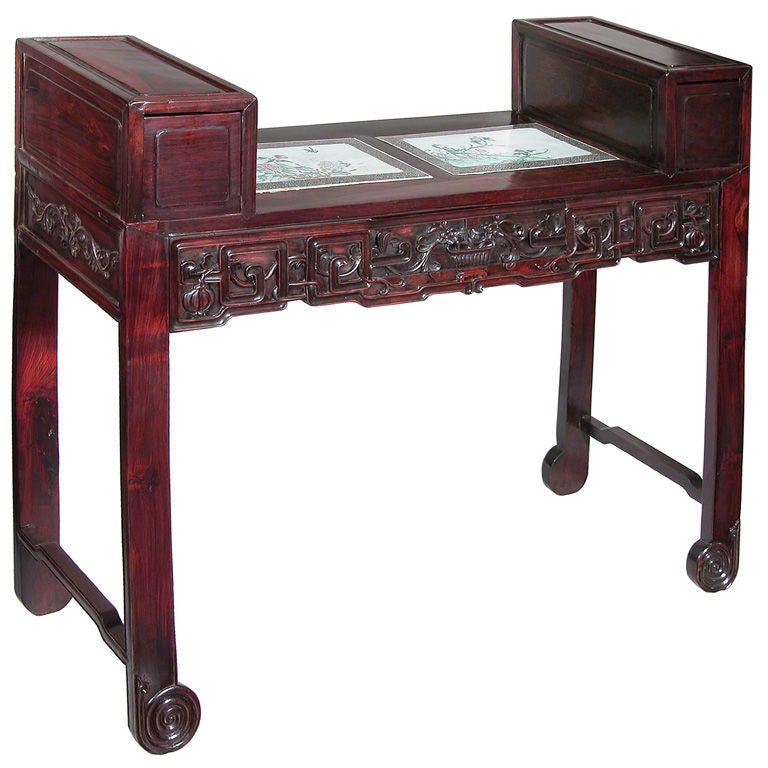 Carved Rosewood Desk with Two Famille Rose Porcelain Inserts