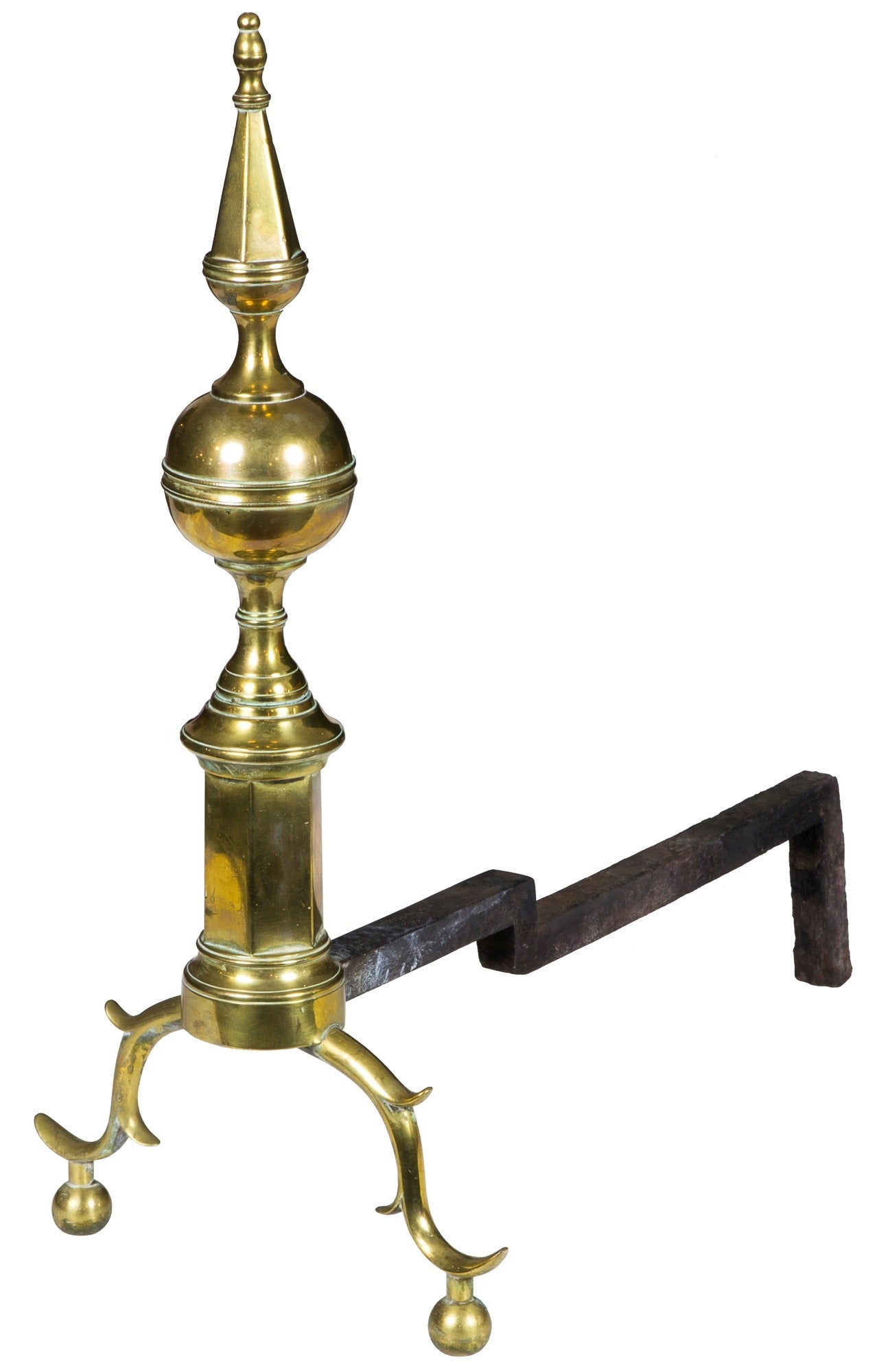These irons are 24 1/4” inches tall and make a great statement with the elaborate steeple finials above the ribbed central ball. The included fire tools are original and complete a matching set with a co-ordinating steeple and ball design handles.