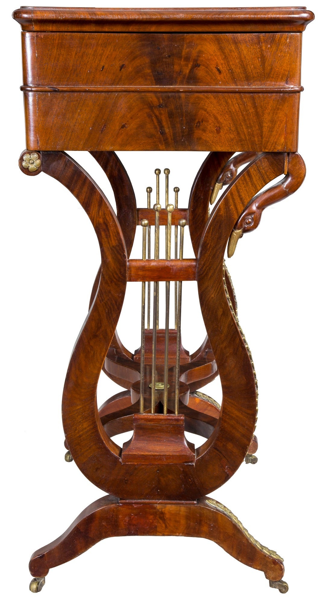 19th Century Fine Classical Lyre and Swan Head, Gilt Bronze-Mounted Work Table For Sale