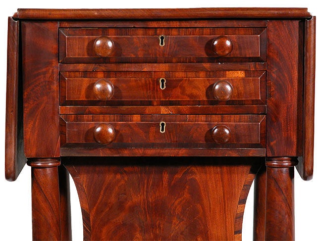 American Classical Three-Drawer Worktable with Rare Lyre Basket, Boston For Sale