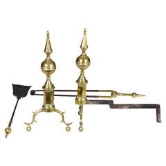 Antique Large-Scale Pair of Andirons with Steeple Top and Original Tools, NY, circa 1760
