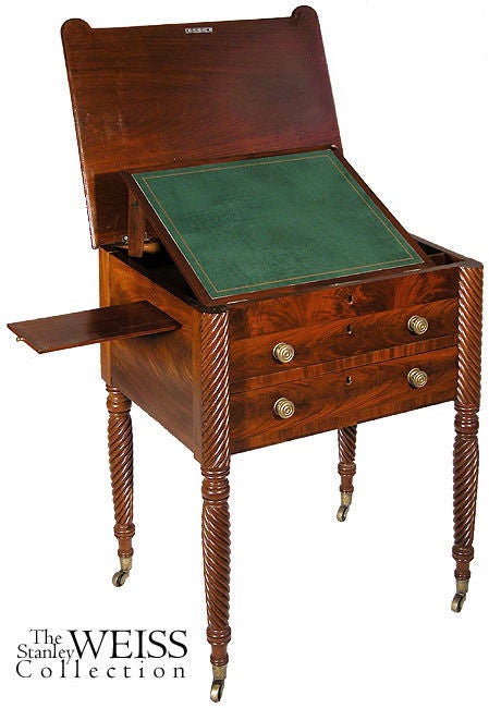 This work table is somewhat larger than work tables of its type and boldly executed with dynamic rope turnings that run in opposite directions alongside the upper case, providing strong visual interest. It is in a fine state of preservation, with