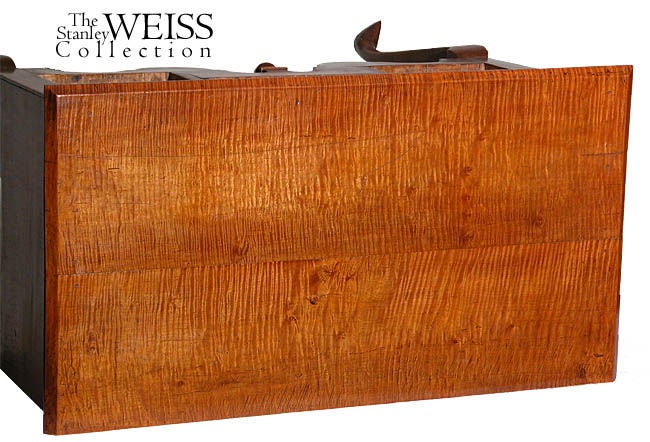 At one time, this was the base of a two-part traditional highboy, to which beautiful antique matching tiger maple boards were added to the top of the base, facilitating as it's use as a server or a large dressing bureau. The cabriole slipper feet