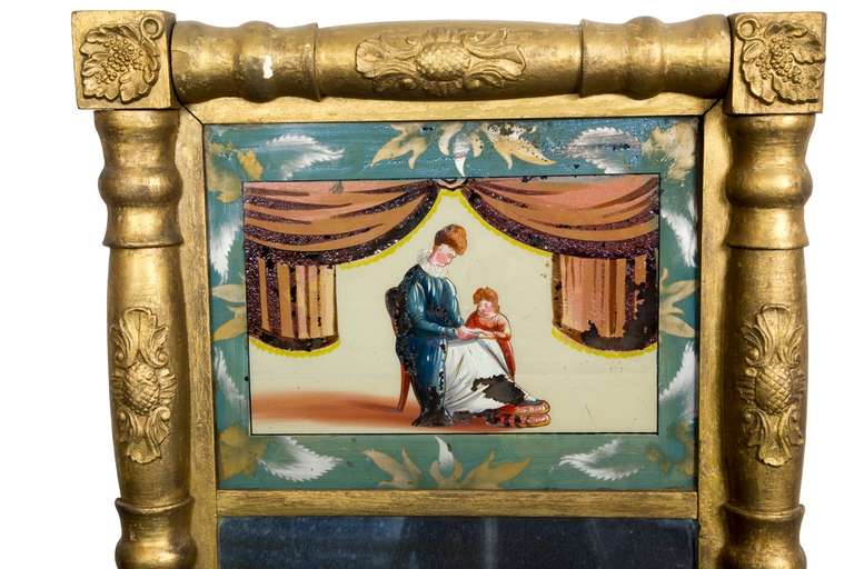 American Gilt Empire Mirror with Reverse Painting, circa 1830 For Sale