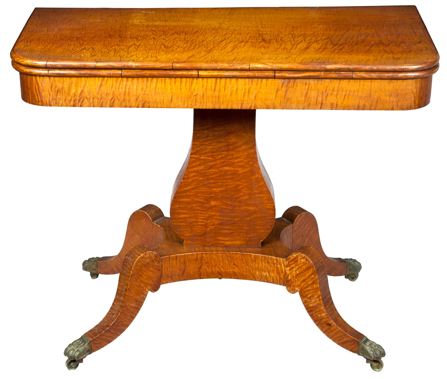 Classical Quilted or Tiger Maple Lyre Card Table For Sale