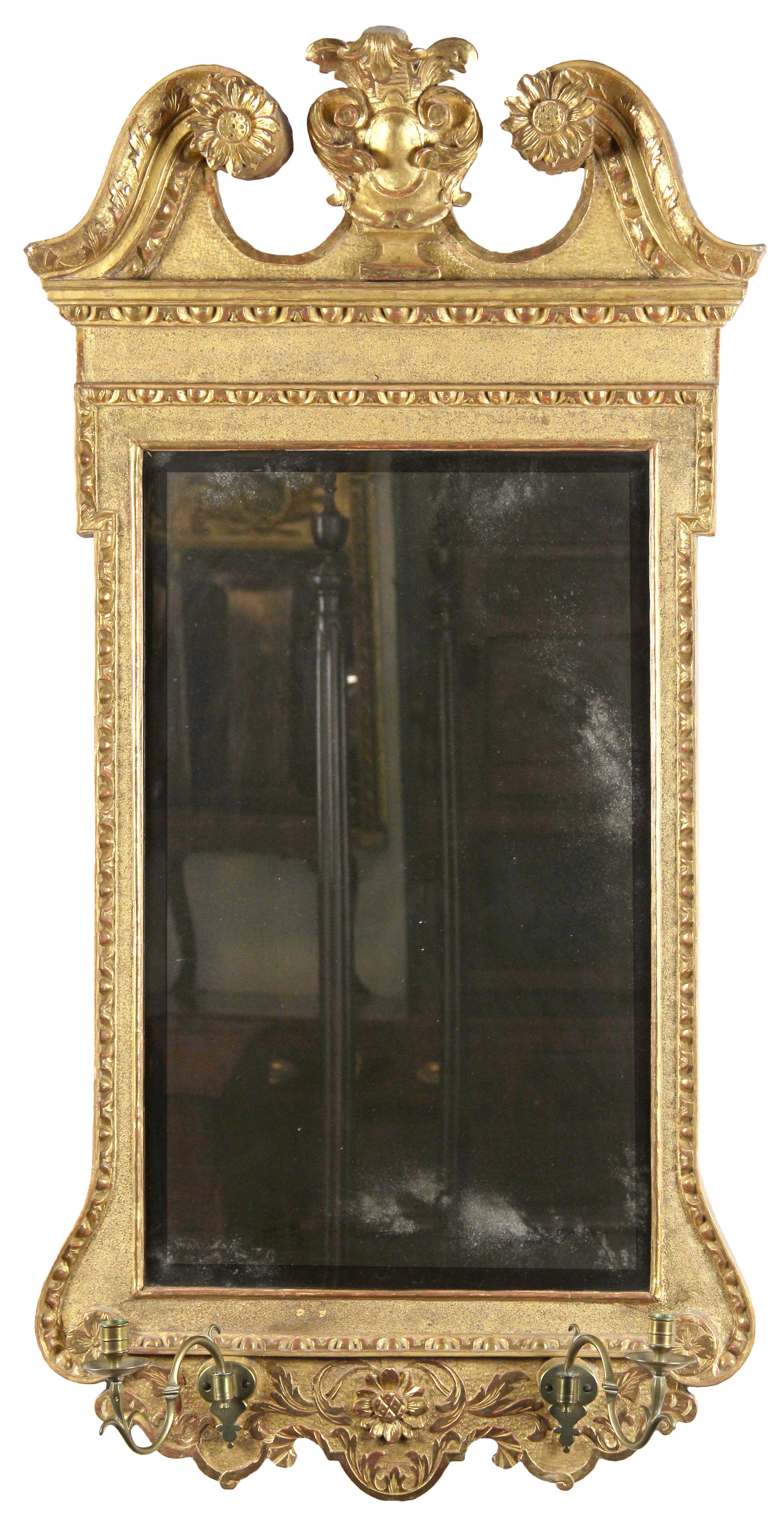 Queen Anne Gilt Mirror with Swan's Neck Pediment and Candleholders, English For Sale