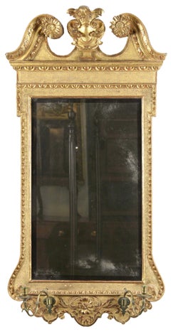 Queen Anne Gilt Mirror with Swan's Neck Pediment and Candleholders, English