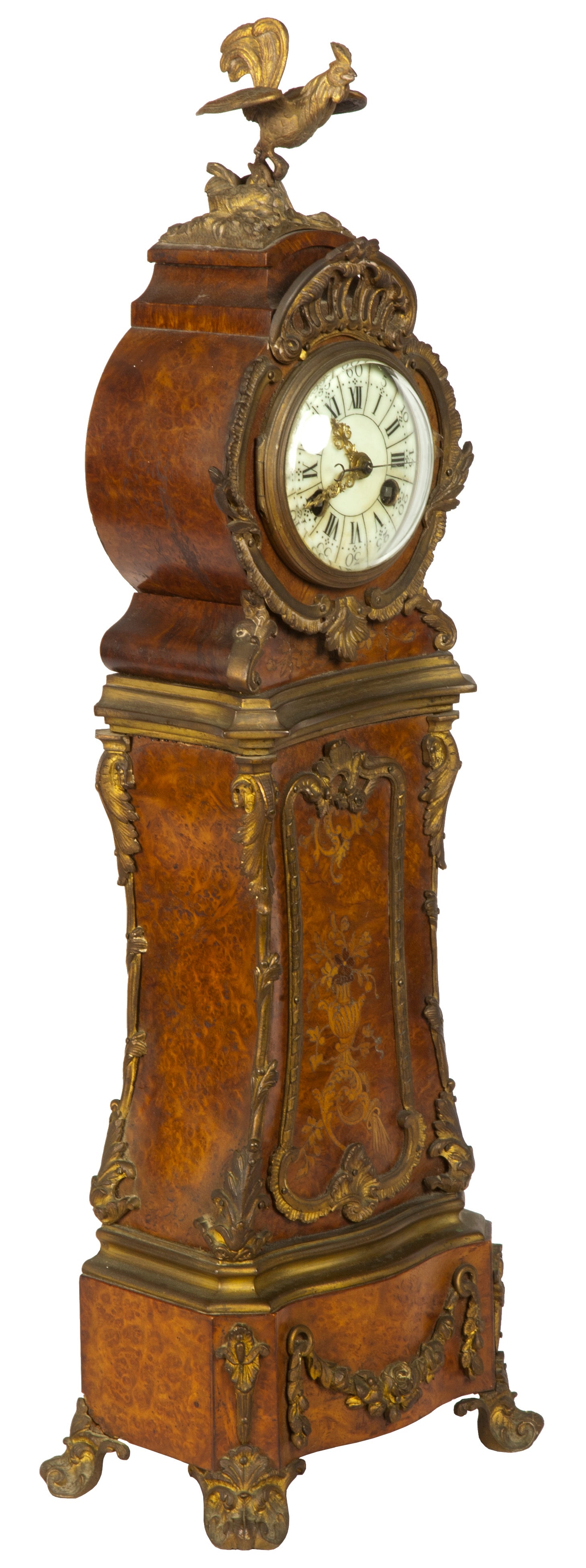 Fine Miniature Ormolu-Mounted, Burled Mantel Clock with Pagoda Top and Rooster