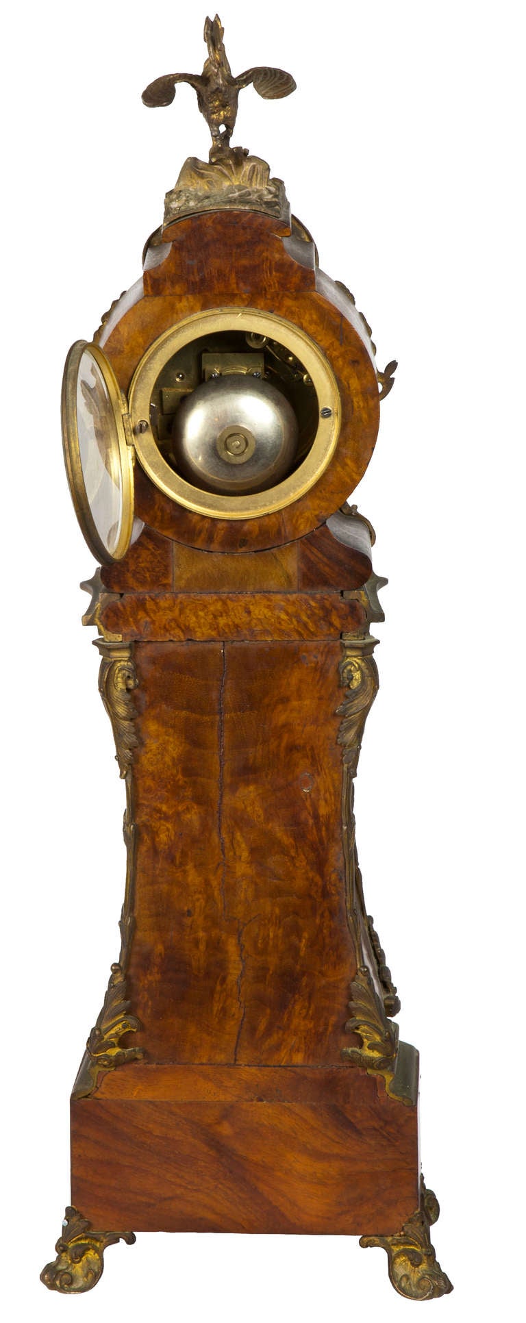 Rococo Revival Fine Miniature Ormolu-Mounted, Burled Mantel Clock with Pagoda Top and Rooster