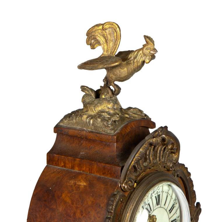19th Century Fine Miniature Ormolu-Mounted, Burled Mantel Clock with Pagoda Top and Rooster