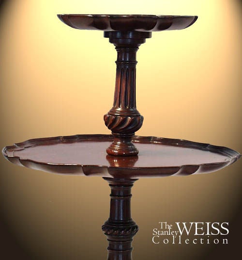 This table is a tour de force with a finely sculpted pie crust edge, all out of the solid with attention to detail the molding of form underneath each top as well as a carefully articulated top-edge molding the columnar shaft both on the upper and