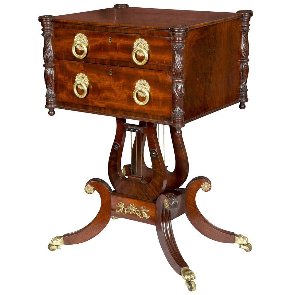 Fine Classical Carved Mahogany Double Lyre Work Table, Philadelphia, circa 1810