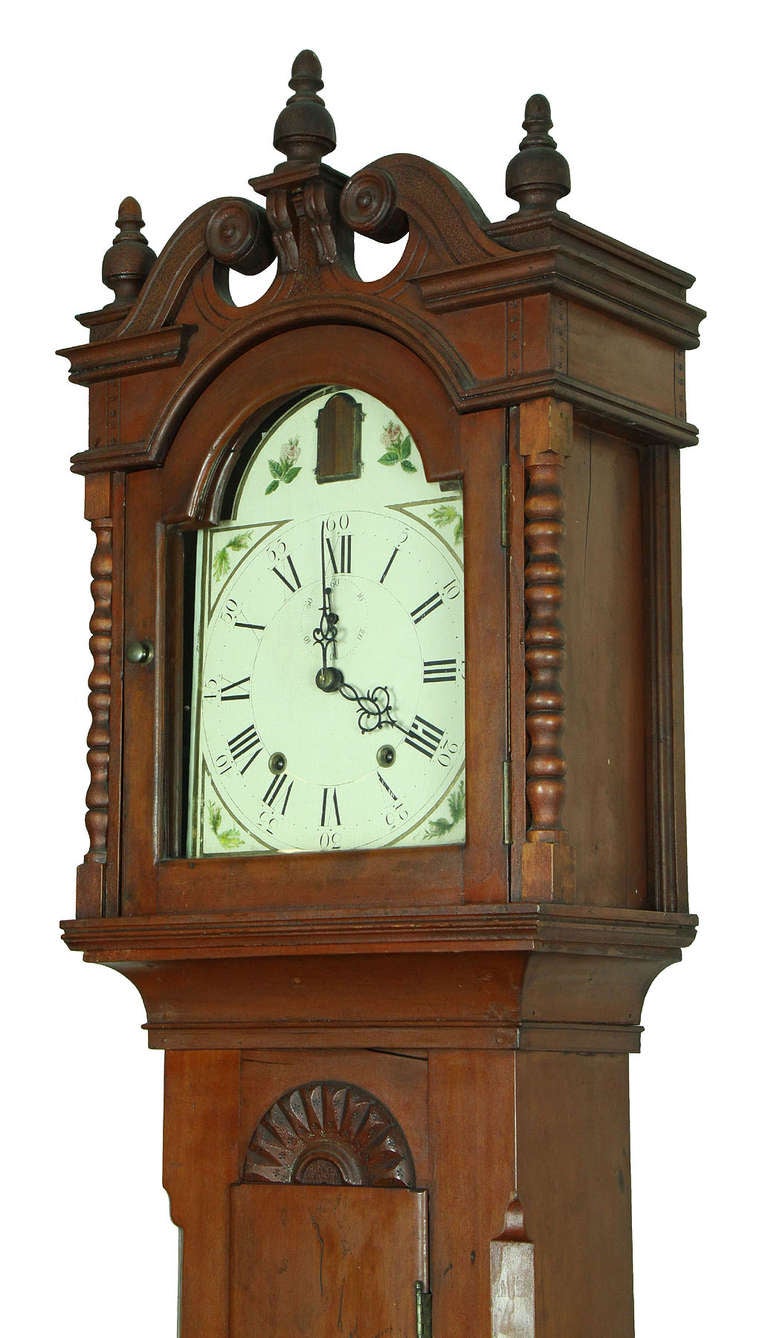 The following is a written identification of this clock prepared by Kirtland Crump:

May 9, 2011.
I restored the eight day duration wooden movement tall clock with working cuckoo bird strike. It is my opinion that this movement was made in