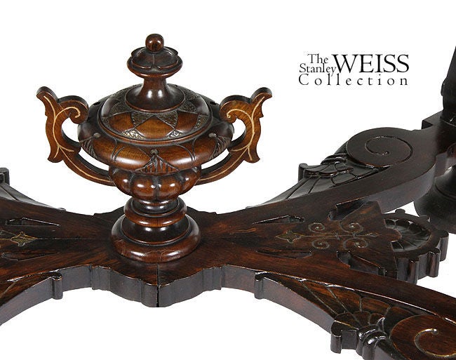 Rare Walnut Inlaid Center Table with Dramatic Wolf Heads In Excellent Condition In Providence, RI