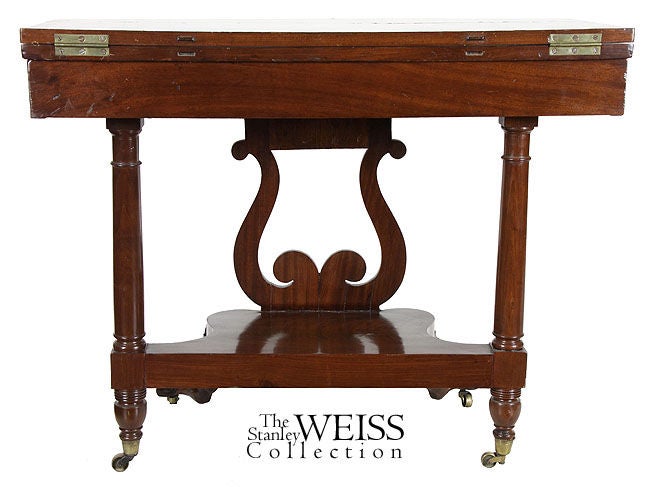 Classical Carved Mahogany Lyre Card Table, NY In Excellent Condition In Providence, RI