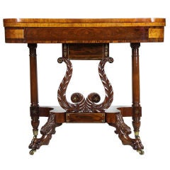 Antique Classical Carved Mahogany Lyre Card Table, NY