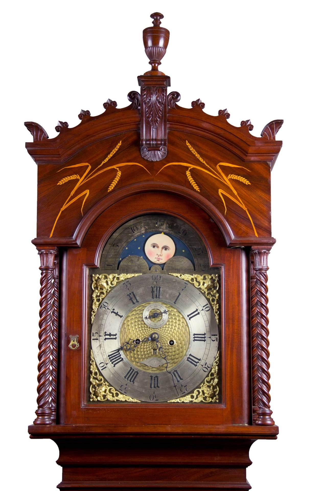 At the turn of the century, embellishment took a turn toward more naturalistic inlay representing flowers, poppies, etc. in a Japanesque context. This is the only time we have seen this used in a clock. Walter Durfee, of Providence, RI was credited