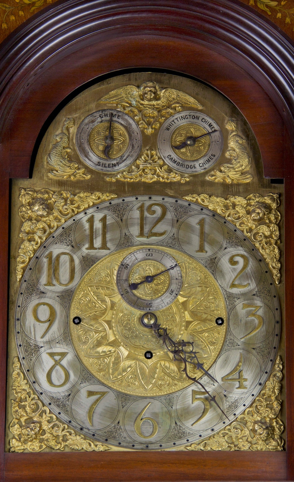 English Monumental Inlaid Mahogany Edwardian Tall Chime Clock, England, circa 1900 For Sale