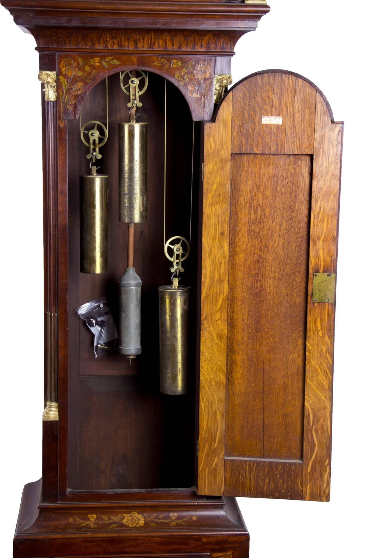 Wood Monumental Inlaid Mahogany Edwardian Tall Chime Clock, England, circa 1900 For Sale