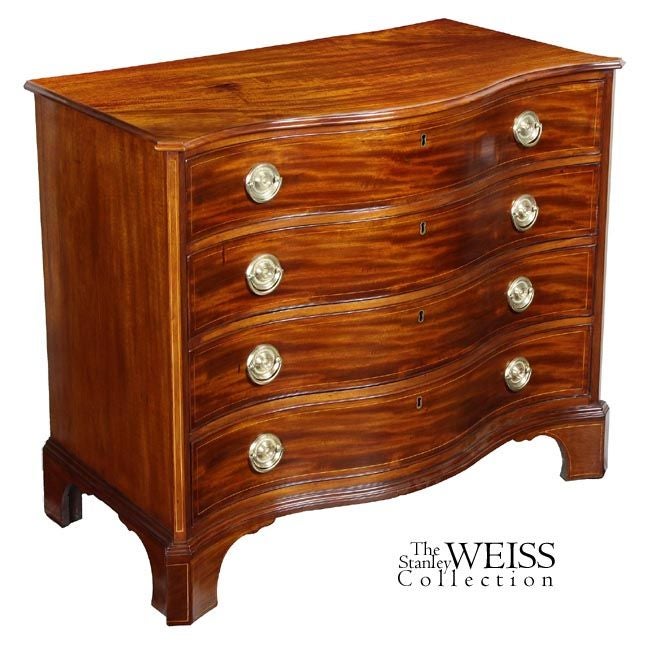 This is a beautifully shaped serpentine chest with a strong curvilinear form that make it quite a standout especially with the vibrant ribbon-grain mahogany. The top is similarly figured and of solid stock (see below). The brasses are first,