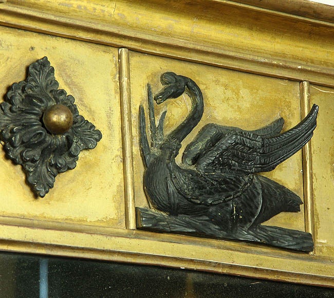 This mirror is quite unusual, with the swan carving. The swan’s wing stands apart from the body, and has a very dimensional look. This mirror is in “as found’ gilt surface, so it’s not bright and shiny, but shows a mirror that’s the real thing,